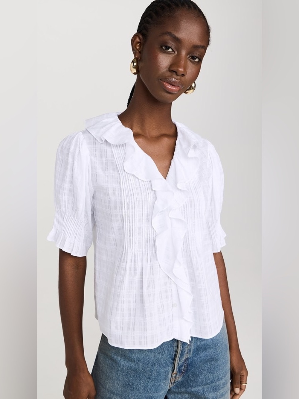 NWT Madewell Ruffle Puff-Sleeve Peplum Top in Windowpane | Size: S